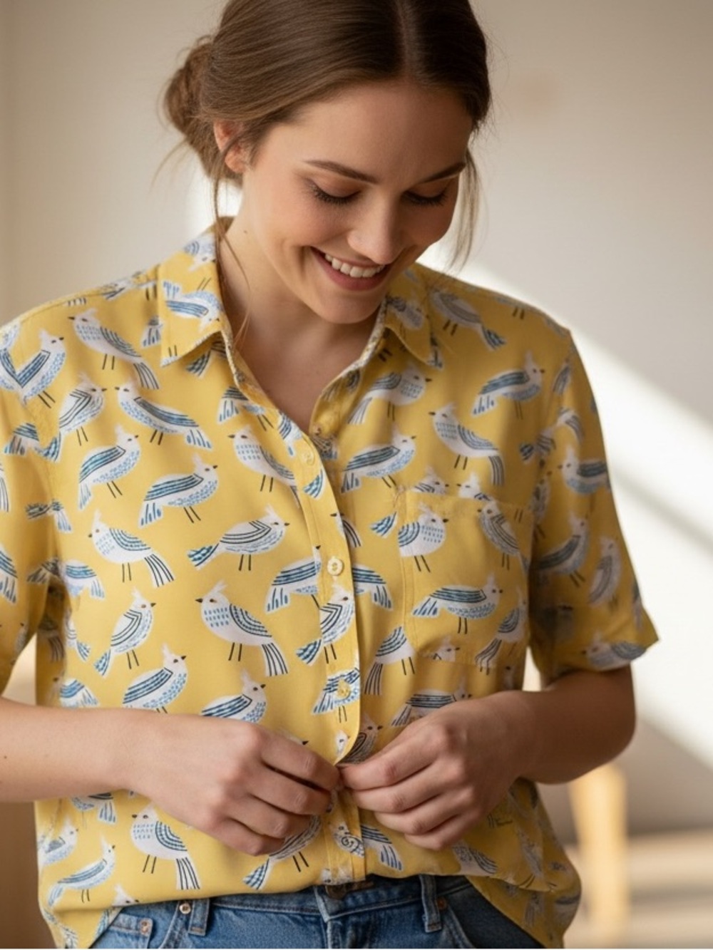 beachlunchlounge Whimsy Yellow Button Shirt Blue White Bird Print Cottagecore